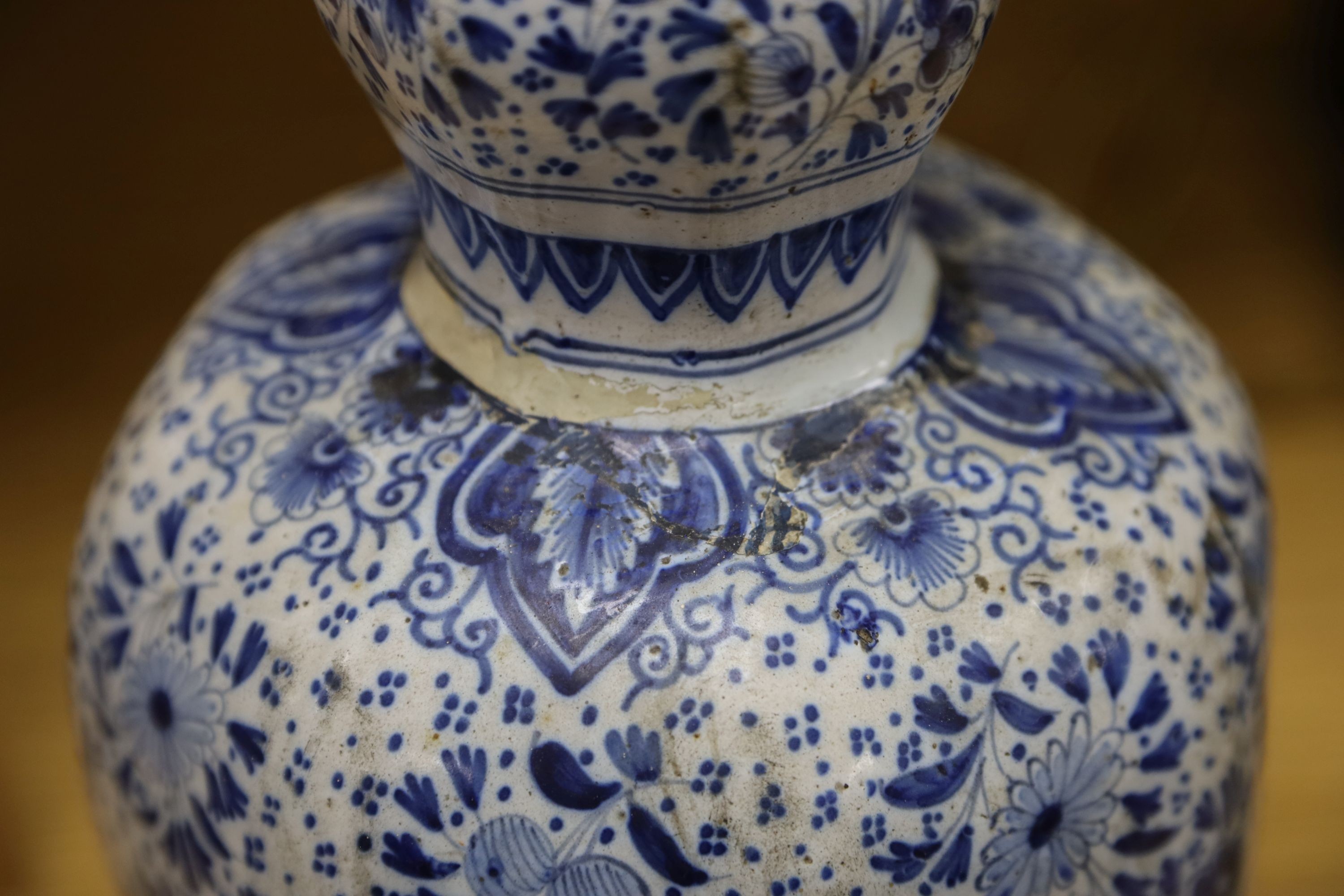 An 18th/19th century Delft blue and white octagonal double gourd vase, mounted as a lamp 50 cm